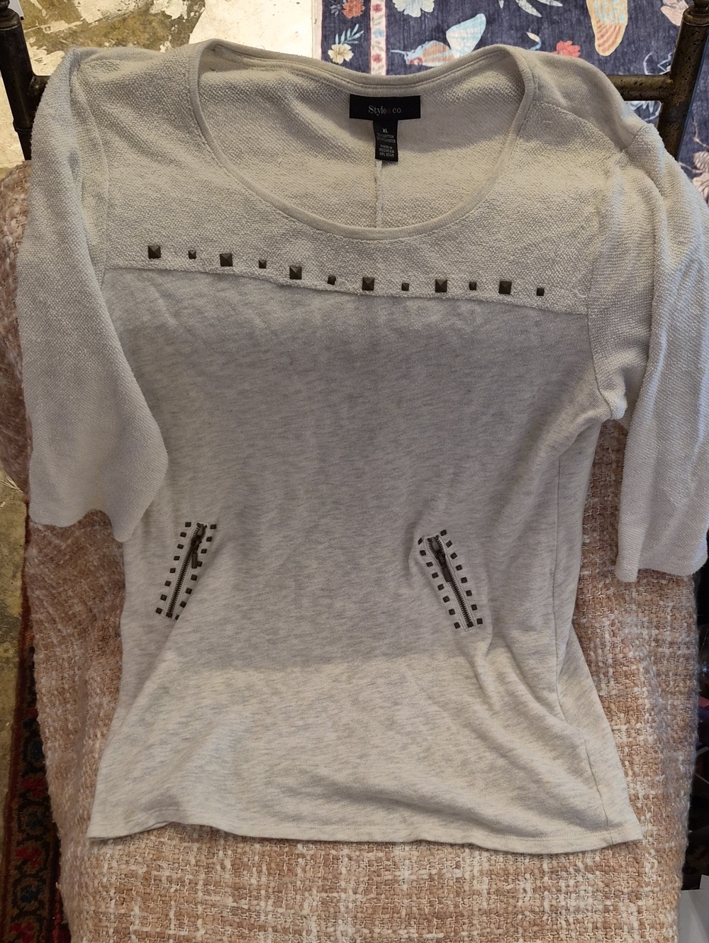 Style & Co. Light Gray Studded Scoop Neck Top, With 2 Zipper Detail (No Pockets)
